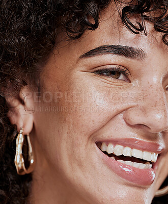 Buy stock photo Face, beauty and smile with a model black woman in studio for skincare, cosmetics or natural treatment. Wellness, makeup and luxury with an attractive young female closeup for facial dermatology