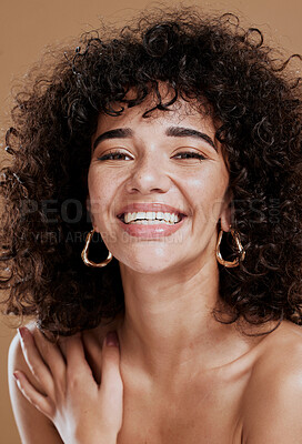 Buy stock photo black woman, face and smile for afro beauty or natural body skincare wellness in studio. African girl model, portrait and luxury skin dermatology for facial glow or healthy hair care cosmetics 
