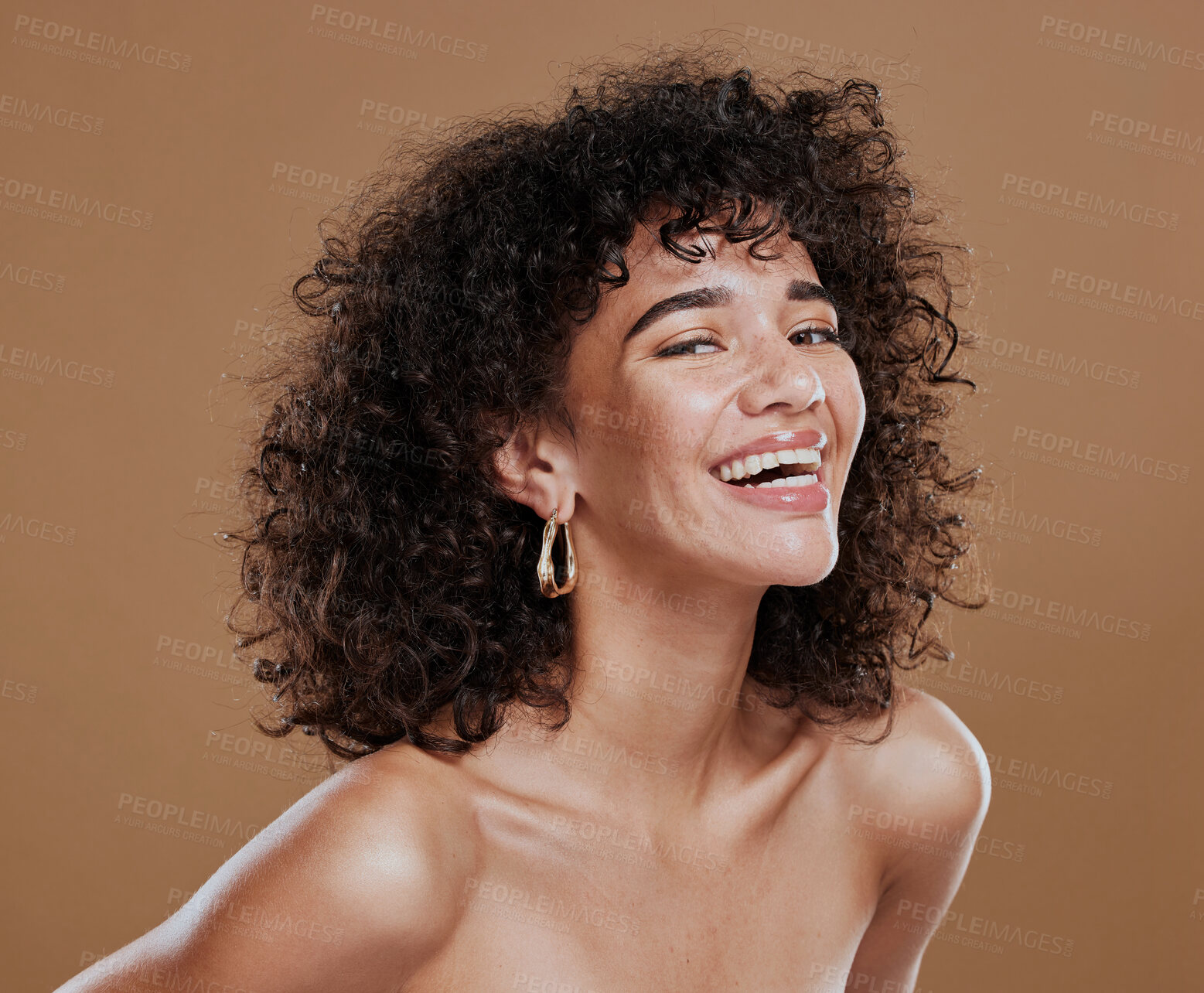 Buy stock photo Woman, body skincare and portrait for beauty, natural and skin glow health in studio. Wellness model, luxury healthcare wellness and happy facial care cosmetic or face dermatology in brown background