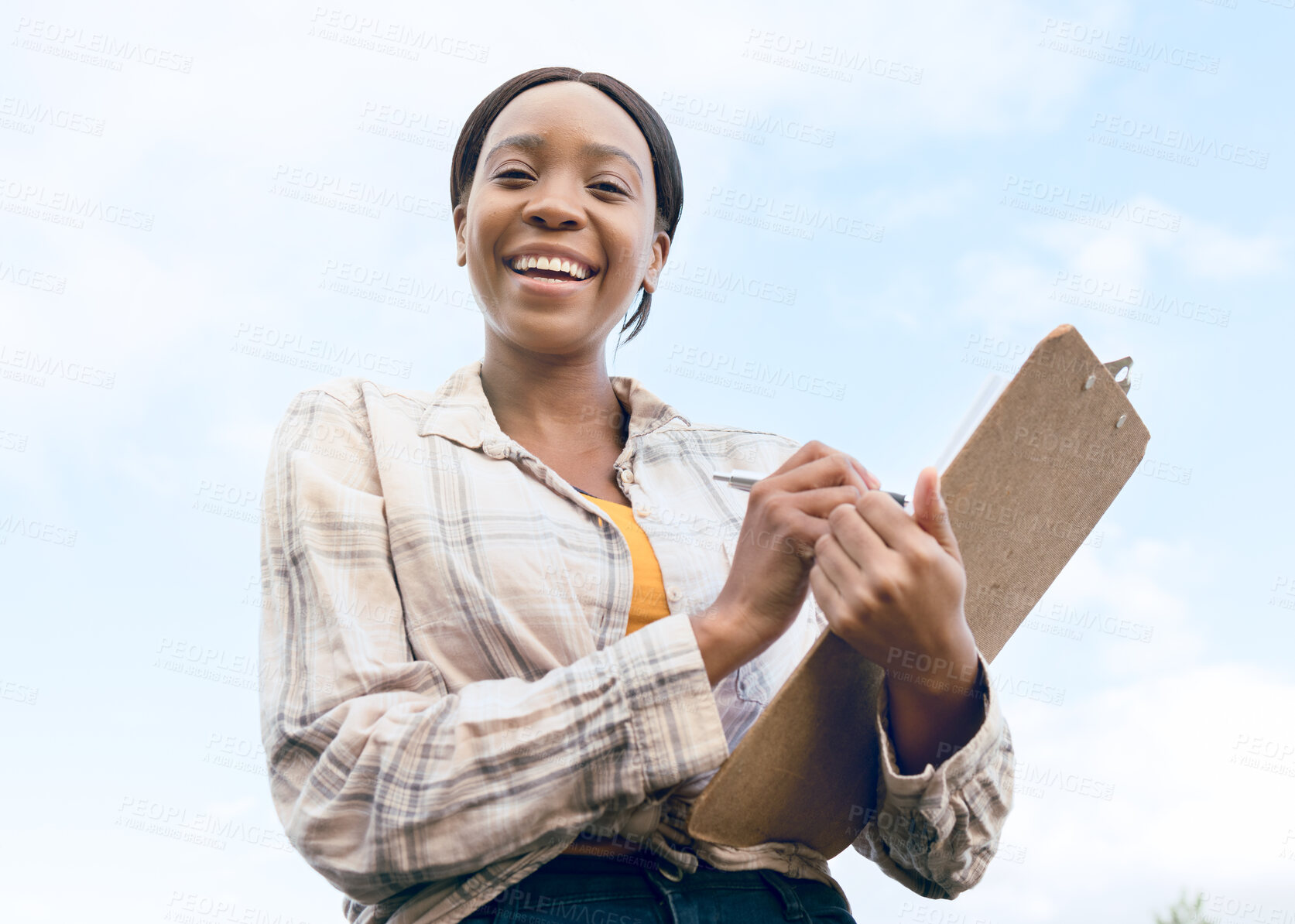 Buy stock photo Farm, portrait and woman farmer with a checklist on a clipboard to monitor the growth of produce. Sustainable, agriculture and agro African girl working in a eco friendly environment on a field.