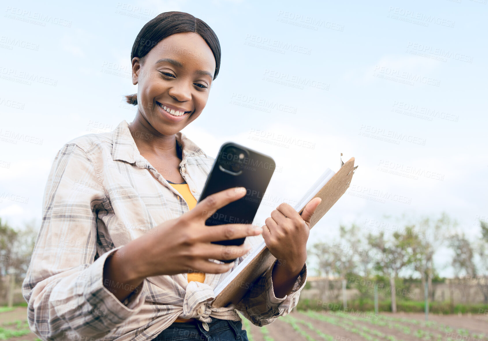 Buy stock photo Agriculture, farm and woman with phone, clipboard and digital notes of ecology research or eco friendly farming. Sustainability field, agronomist farmer analysis or black girl study plantation growth