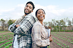 Man, woman farmer or agriculture with checklist, farm and plants in portrait with smile. Couple, green crops and farming teamwork for vegetable, fruit or sustainability with happiness on agro field