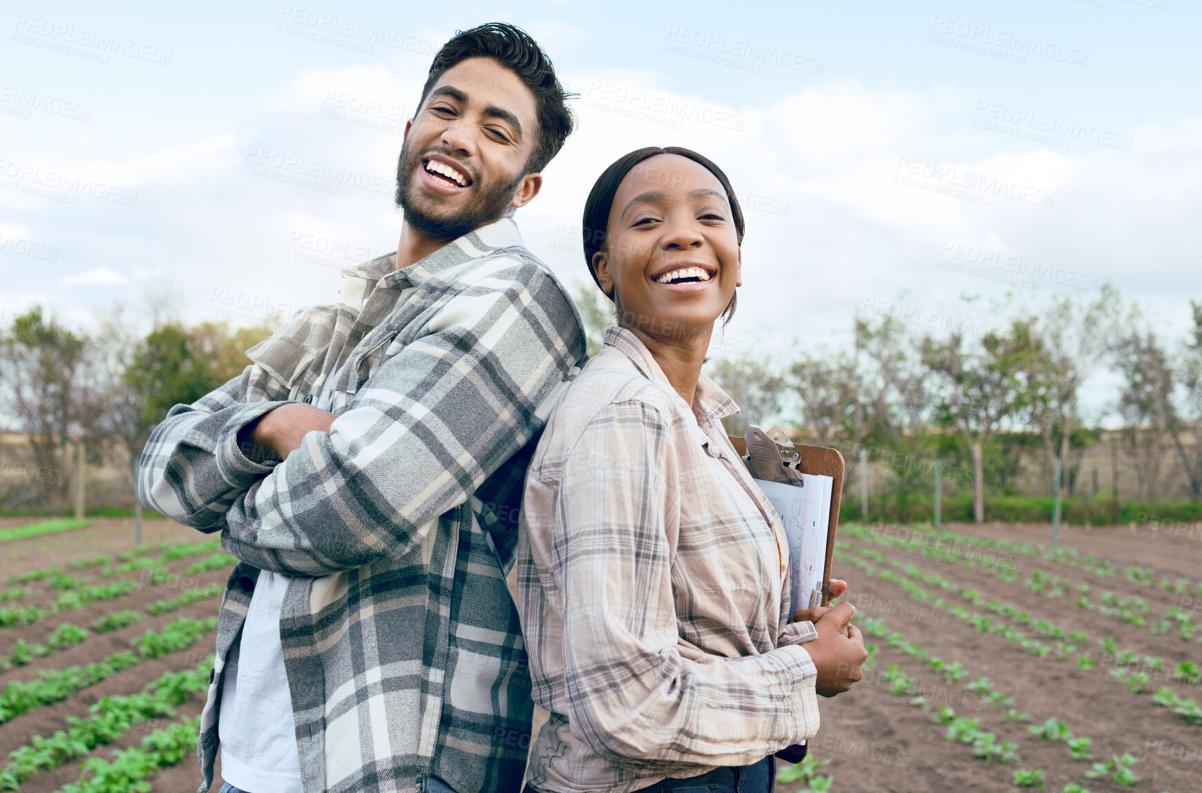 Buy stock photo Man, woman farmer or agriculture with checklist, farm and plants in portrait with smile. Couple, green crops and farming teamwork for vegetable, fruit or sustainability with happiness on agro field