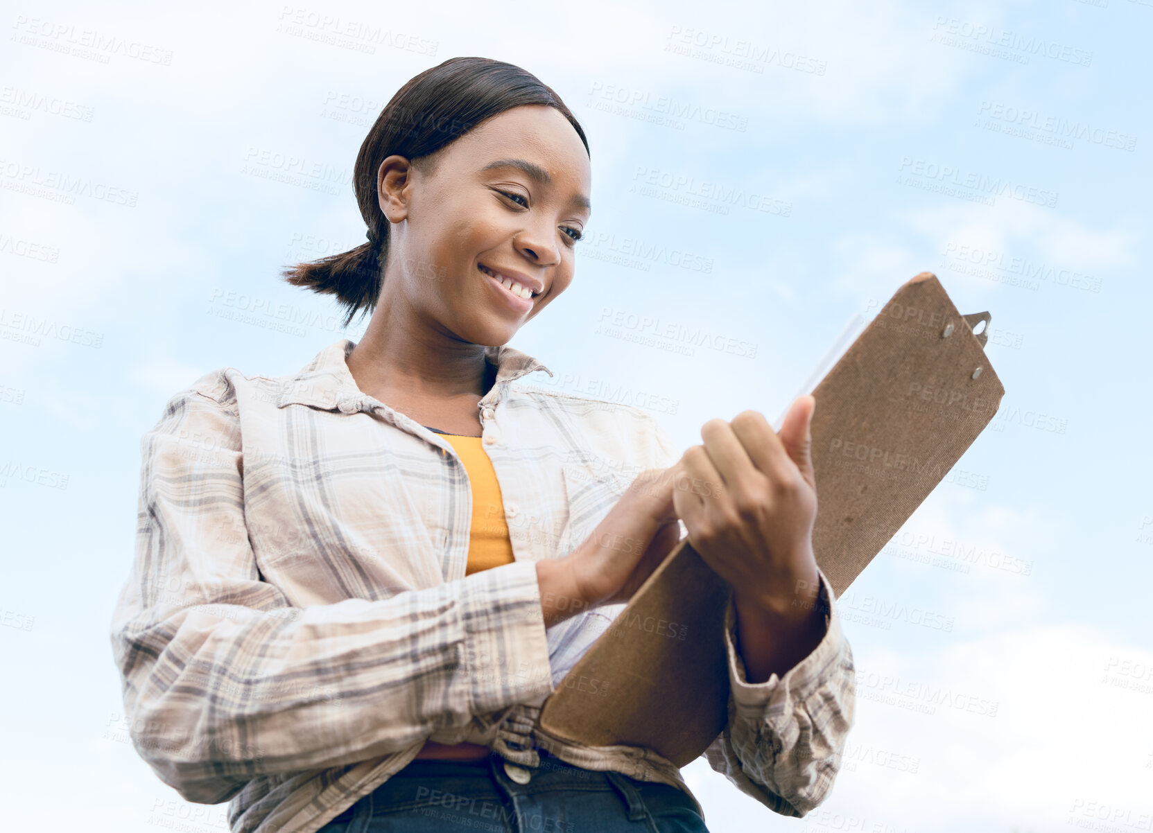 Buy stock photo Agriculture, happy farmer or black woman with clipboard for business checklist, success or analysis growth in farm with smile. Eco sustainability, blue sky or agro woman writing or stock management.

