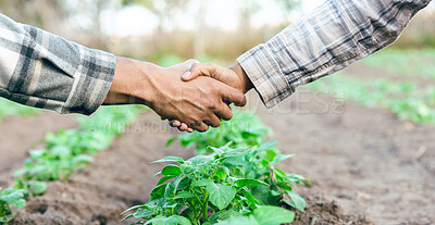 Buy stock photo Farm, handshake closeup and partnership collaboration success outdoors. Farmer, welcome and shaking hands for eco friendly sustainability teamwork, thank you or b2b farming business deal agreement