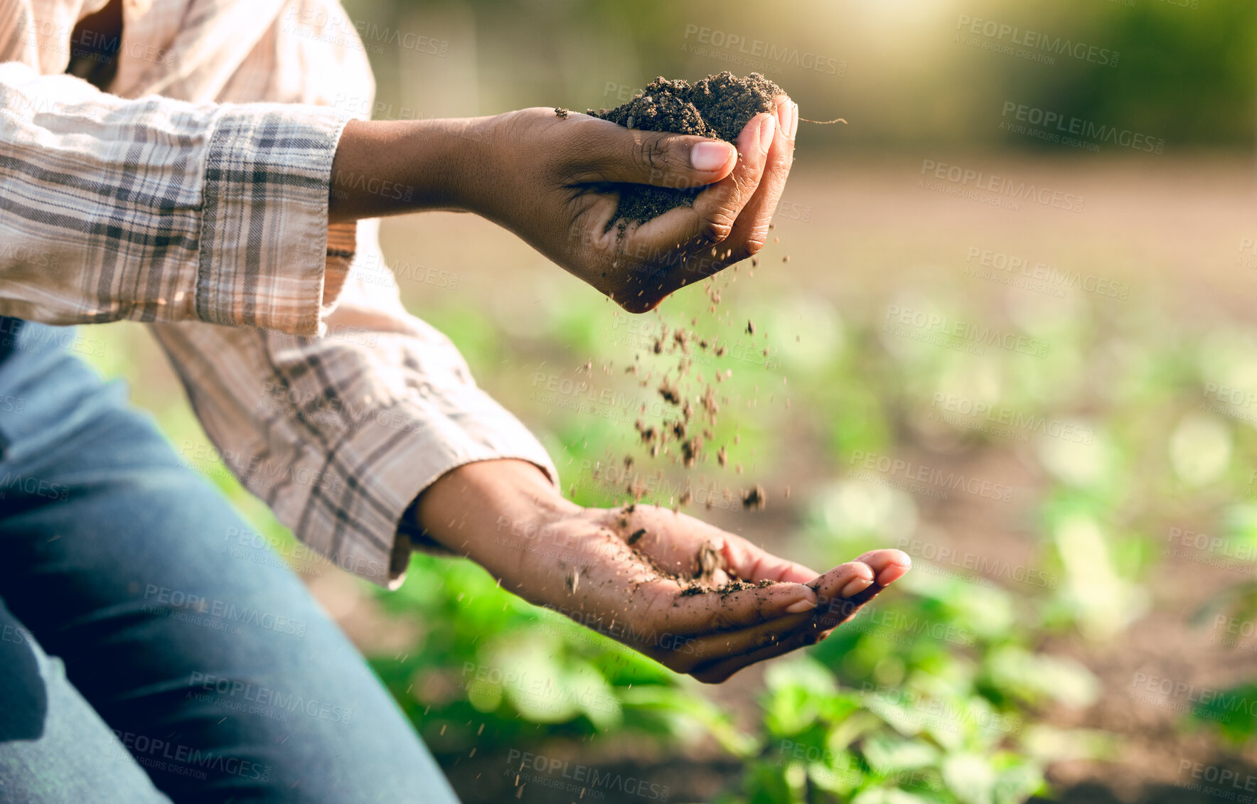 Buy stock photo Farming, agriculture and farmer hands with soil for nutrients, healthy plants and growth. Sustainability, natural environment and worker check earth for planting vegetables, crops and organic produce