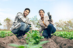 Farmer couple, portrait and peace sign, agriculture work and  plants in soil, harvest and sustainability garden. Man and black woman smile, happy and  working on countryside farming and eco friendly 