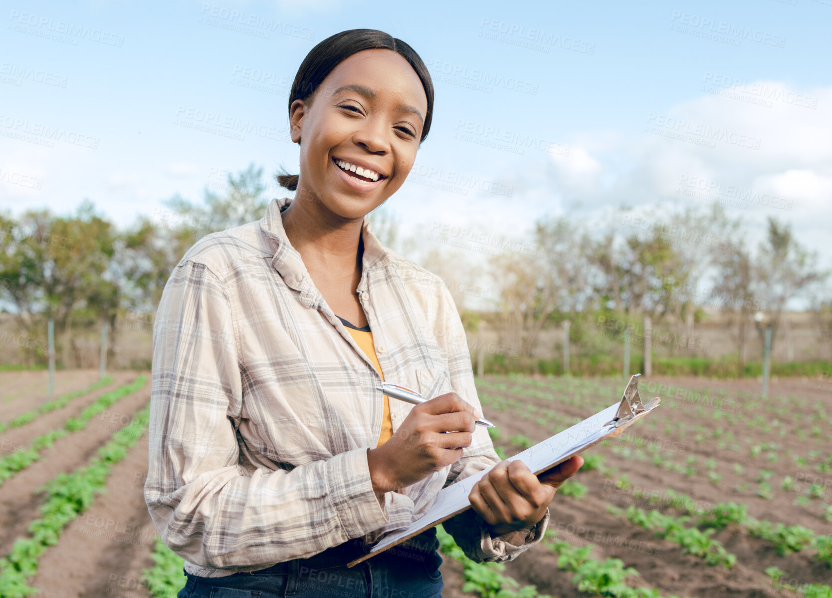 Buy stock photo Black woman, farmer and with clipboard for harvest, vegetables and check plants growth outdoor. Portrait, agriculture and female confirm quality control, farming or produce for health or eco friendly