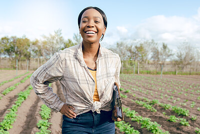 Buy stock photo Inspection, farming and black woman doing check on agriculture, food and plants on a farm. Sustainability, ecology and portrait of a happy, young and nature farmer working with notes in countryside