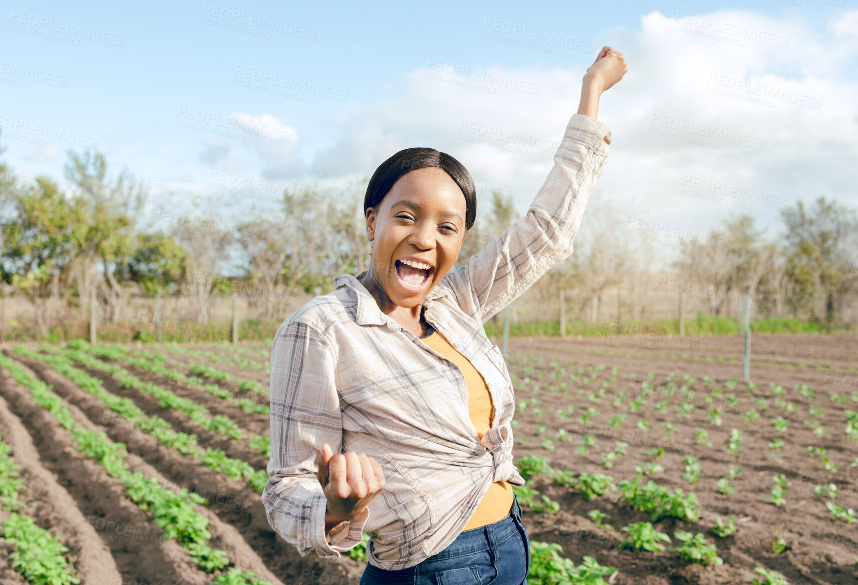 Buy stock photo Winner, success and portrait of black woman farmer celebrating achievement on agriculture field. Excited, celebration and victory fist of farm girl happy with surprise in South Africa countryside.