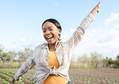 Buy stock photo Happy black woman, farmer and celebrate in portrait for success, harvest or goal in farming industry. Woman, agriculture or celebration outdoor on agro land with happiness, smile and countryside farm