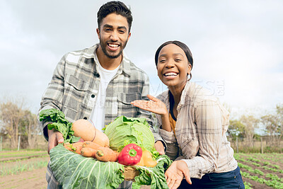 Buy stock photo People, farm and portrait of man and woman with vegetable harvest in a basket on a agriculture field. Box, teamwork and interracial farming couple for eco friendly and sustainable produce vegetables