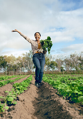 Buy stock photo Happy woman, portrait and celebrate agriculture, harvest and nature in gardening environment, plant field or sustainability in countryside. Excited, success and black woman agro farming green spinach