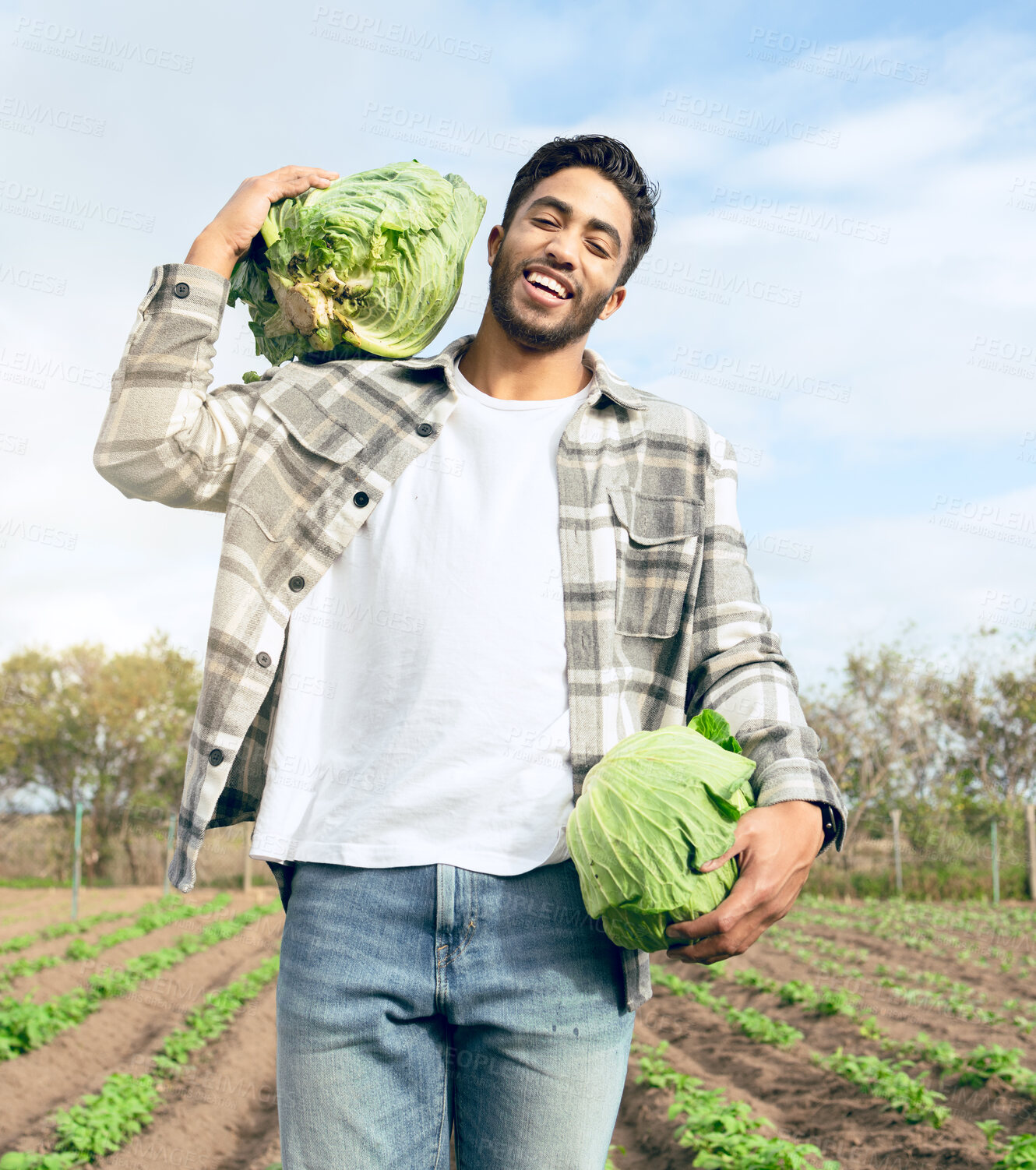 Buy stock photo Agriculture worker, lettuce and farm, sustainability working and organic food, happy smile and outdoor nature. Man farmer, smile and pride with vegetable growth or harvest from sustainable farming