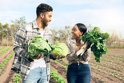 Buy stock photo Happy farmer worker, vegetables and agriculture in nature, environment and sustainability in countryside. Gardening, farming and young couple harvest cabbage, spinach and green plants from agro field