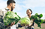 Black couple, vegetables and happy for farming, harvest or agriculture in nature for food together. Man, black woman and farm with agro teamwork, smile or sustainability for health, nutrition or diet