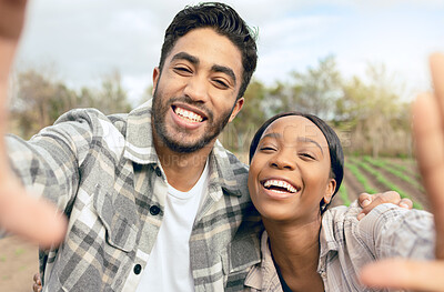 Buy stock photo Selfie, happy and interracial couple farming for their small business, agriculture and working together on a farm. Sustainability, smile and man and woman with a picture on a field in the countryside