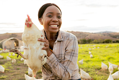 Buy stock photo Chicken, farmer and smile in animal farming, agriculture and startup business outdoor in South Africa. Portrait, black woman and happy while working with animals on poultry farm with countryside life