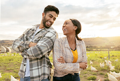 Buy stock photo Farming, poultry and farmers outdoors with chicken on field, standing with crossed arms. Sustainability, support and man and woman working on poultry farm for organic, healthy and natural livestock