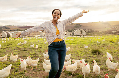 Buy stock photo Winner, farm and chickens with a black woman agriculture worker in celebration while farming in the poultry industry. Farmer, motivation and countryside with a female agricultural expert outdoor