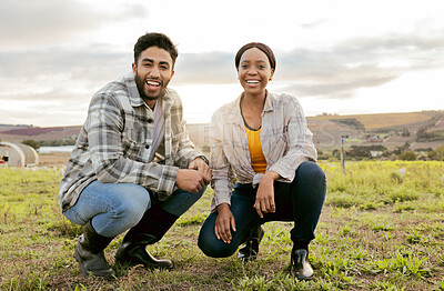 Buy stock photo Farm, agriculture and portrait of happy couple on grass field kneeling together for teamwork. Diversity, sustainability and happy man, woman and agro farmers preparing for plant farming work outdoors