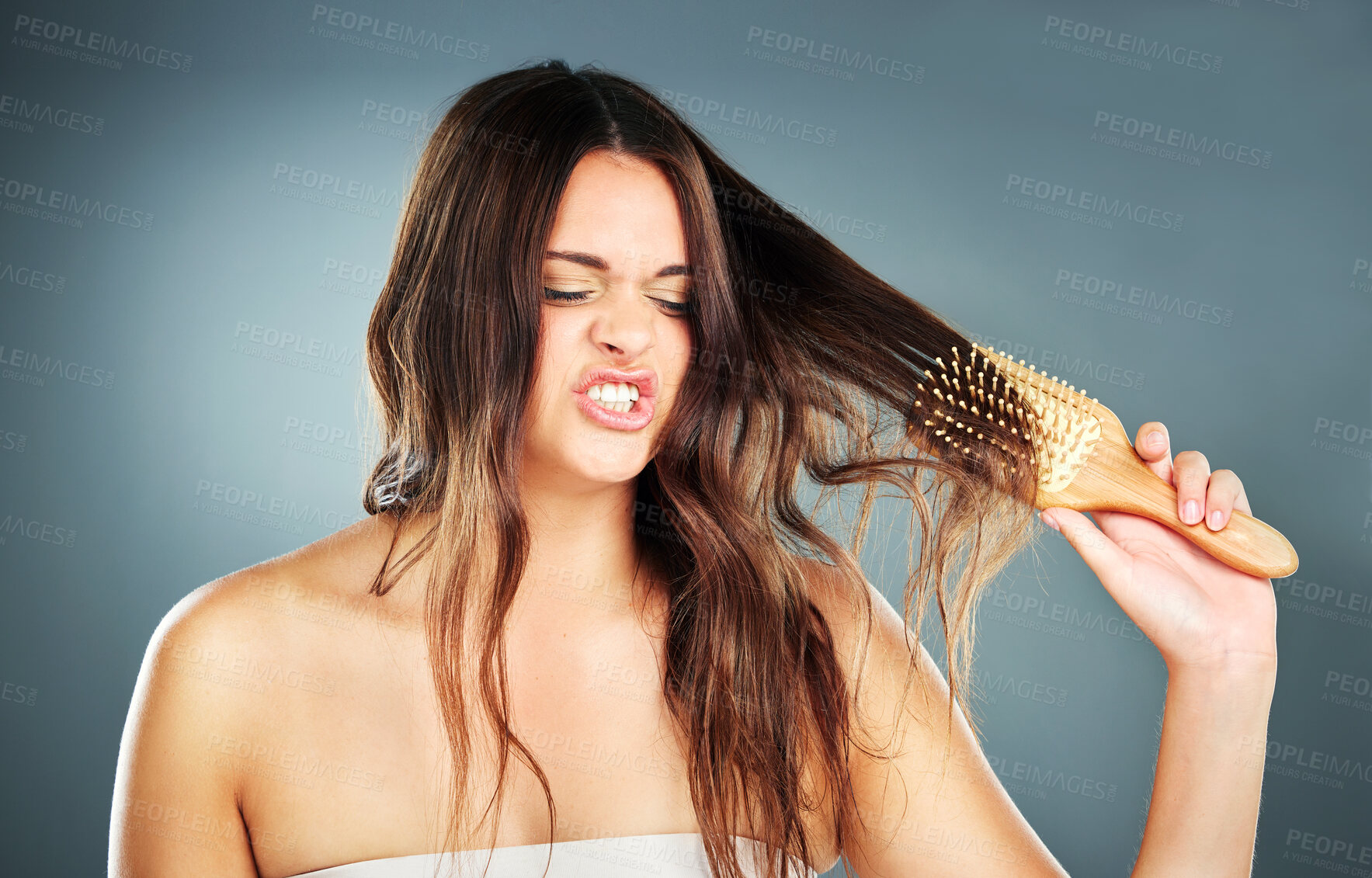 Buy stock photo Woman, hair care and annoyed tangle with brush for beauty, cosmetics and self care by blue background. Model, hair and detangle brushing with frustrated face in wellness studio for cosmetic hairstyle