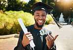 Student graduation, black man with certificate in outdoor park or portrait of goal achievement in African university campus. Education success, happy graduate with college diploma or law scholarship