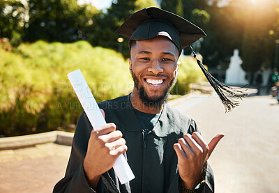 Buy stock photo Student graduation, black man with certificate in outdoor park or portrait of goal achievement in African university campus. Education success, happy graduate with college diploma or law scholarship