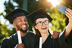 Selfie, college graduation and students in university celebrate academic success with a happy smile, black gown and graduation cap. Education, graduate certificate and friends with diploma in hands