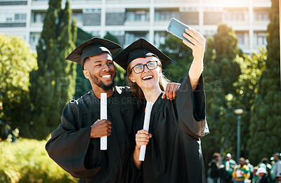 Buy stock photo Graduation, selfie and friends smile for school success education and university certificate. Diversity, friendship and student use 5g smartphone for celebration and college achievement at campus