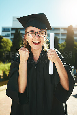 Buy stock photo Graduation, education and success with a woman student or graduate in celebration of an academic achievement. Portrait, winner and wow with a female pupil cheering her diploma or certificate