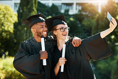 Buy stock photo Selfie, university and friends with graduation students posing for a photograph on campus with certificate or diploma. Education, graduate and scholarship with a man and woman friend taking a picture