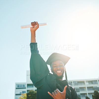 Buy stock photo University graduation, black man with student success or portrait with lens flare of sunshine. Celebrate achievement on Nigerian campus, african graduate with proud smile or education certificate