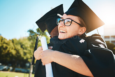 Buy stock photo Graduation, hug and students with diploma from college for success, celebration and support in education. Certificate, happy and friends hugging after achievement at graduate event at a university