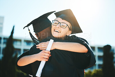 Buy stock photo Hug, graduation and students success for achievement, happy and smile outdoor in gown. Graduate, happiness or embrace for degree, certificate and education completed at university, college or diploma