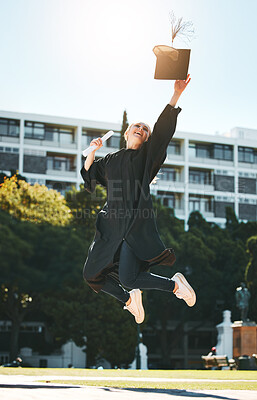 Buy stock photo Woman graduation, jump and celebrate at college, school or university with certificate in sunshine. Student graduate, scholarship or diploma in success, celebration or education while happy at campus