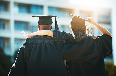Buy stock photo Graduation, city and students celebrating academic achievement ceremony in urban background. Education, celebration and graduate student friends embrace or hug for educational success 
