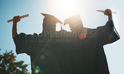 Buy stock photo Success, graduate and friends with diploma, hug and support from education at a university. Graduation, celebration and students with certificate from college for achievement in school with sunshine