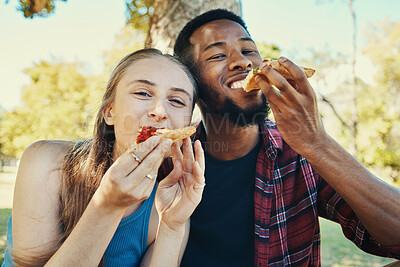 Buy stock photo Pizza, park and friends or couple eating outdoor with summer, nature and happy portrait. Picnic, gen z and fast food of hungry, relax and diversity people on a garden date together in summer holiday