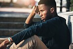 Stress, depression or sad black man at stairs thinking of dilemma, problem and crisis on outdoor break. Fail, mistake or burnout of student depressed, hopeless or tired thoughtful of problem.

