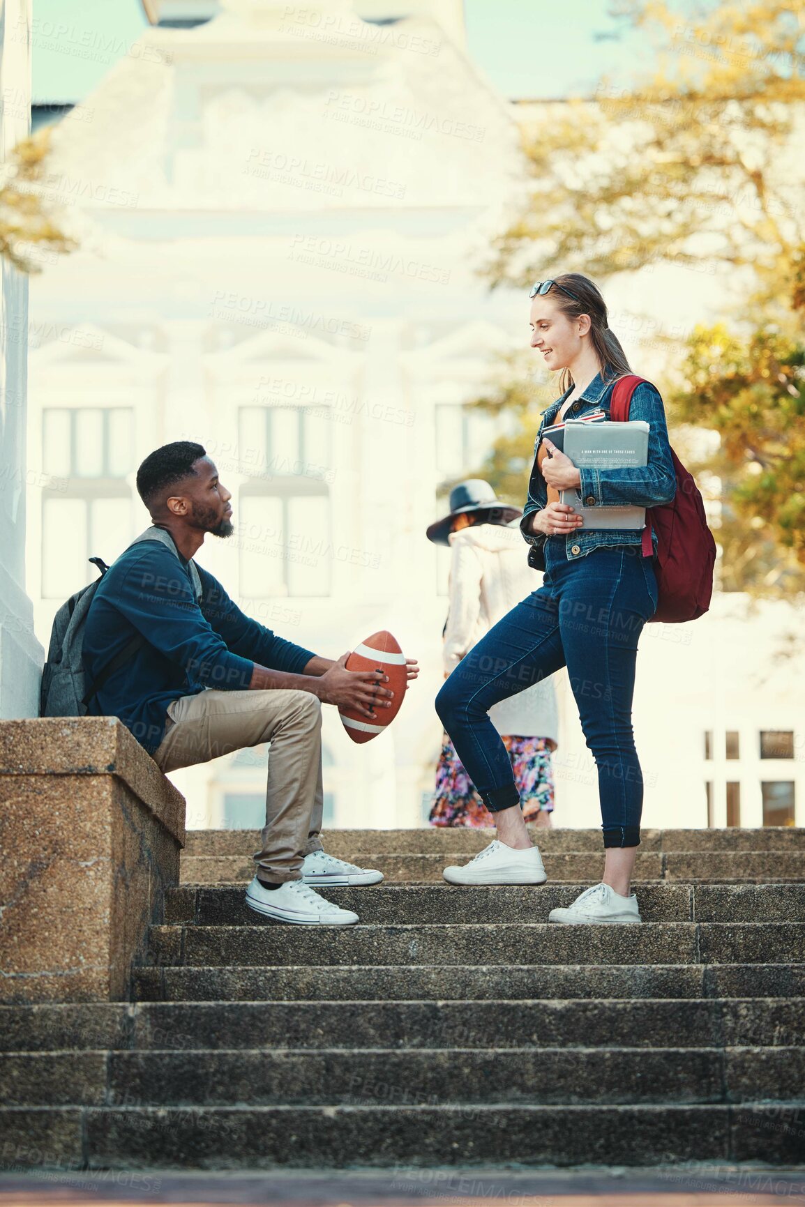 Buy stock photo College, education and communication of friends at stairs for study lesson discussion at campus. Gen z, interracial and university students in talk on outdoor steps of educational building.

