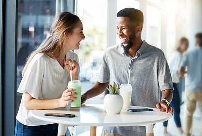 Buy stock photo Happy, smoothie and smile with couple on cafe date for shopping, health and lunch break. Restaurant, diet and nutrition with man and woman at table of juice bar for  natural, detox and energy
