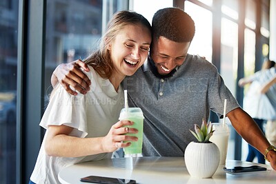 Buy stock photo Dating, restaurant and couple with smoothie drink hugging, having fun and laughing together on romantic date. Love, relationship and interracial couple enjoying milkshake, cocktail and juice in cafe