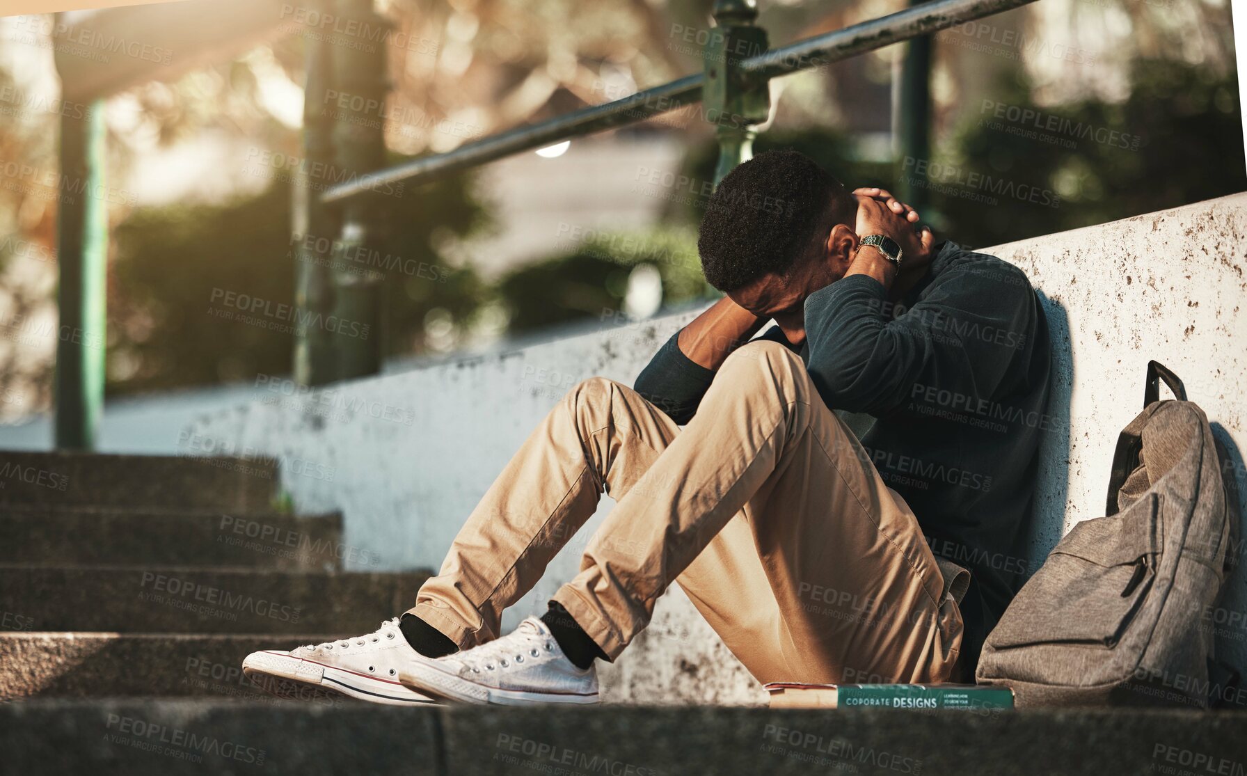 Buy stock photo Depression, anxiety and African student sad about college fail, stress and mistake on campus. Mental health, education and black man with fear, angry and depressed about scholarship problem at school