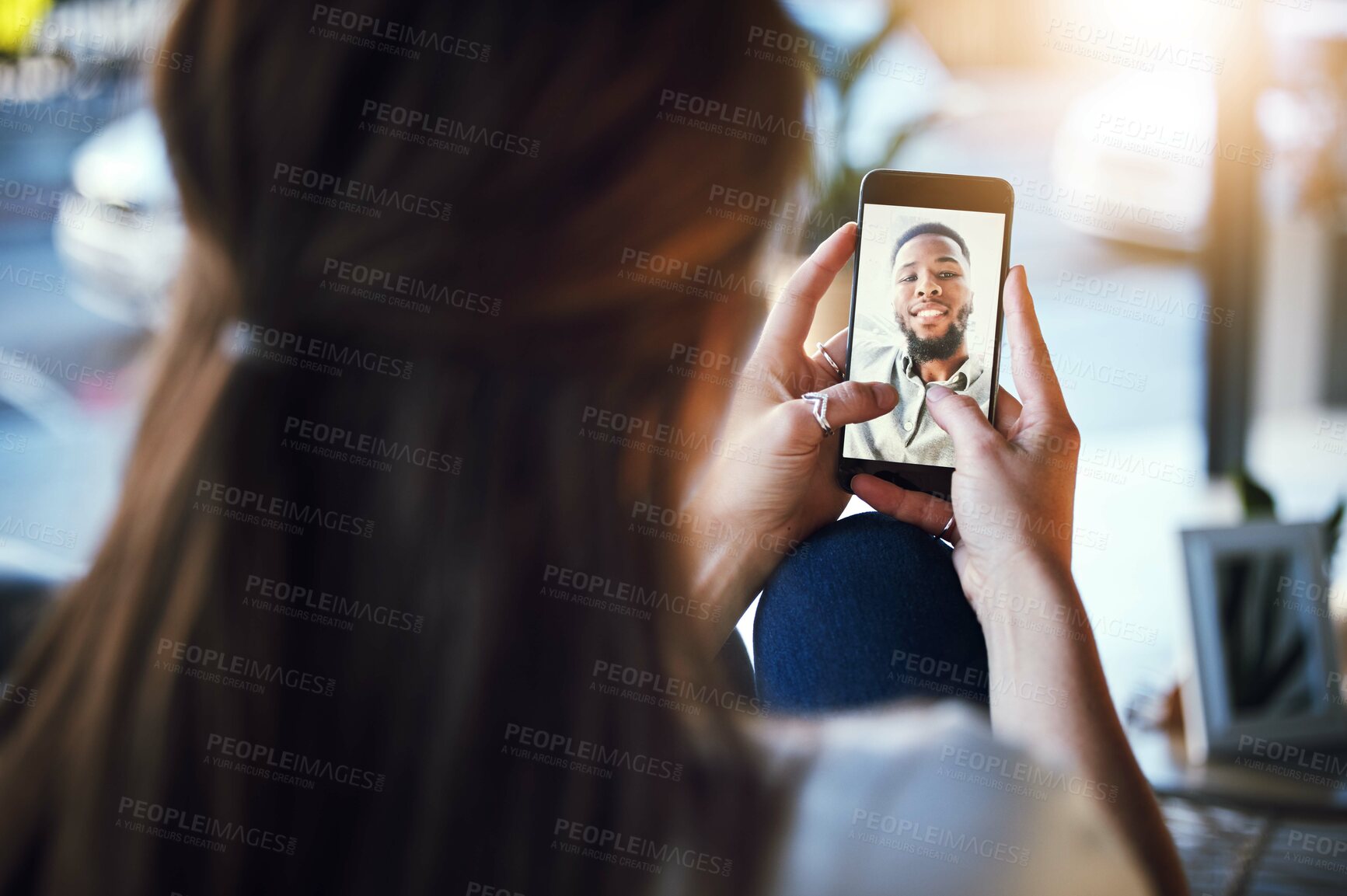 Buy stock photo Phone, video call and woman speaking to man with zoom screen communication app with 5g network or home wifi connection. Black couple having virtual conversation using technology for online date chat