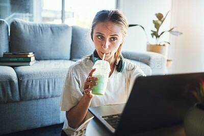 Buy stock photo Student, laptop and smoothie for education, digital elearning and research for college in living room. University, studying and school woman, working on email, project or online exam with drink