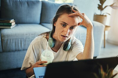 Buy stock photo Freelance, remote work and tired, woman feeling stress, depression or anxiety while on a laptop frustrated with glitch, error or internet. Stressed entrepreneur drinking milkshake while working