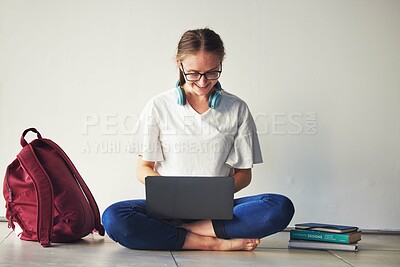 Buy stock photo Education, laptop and woman with books on a floor for research, examination and preparation, happy and motivation. Student, girl and online university assignment, book and literature study project