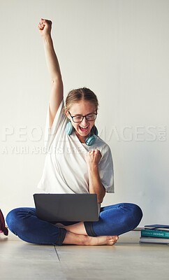 Buy stock photo Laptop, success and woman getting news of scholarship, loan approval or email with good news against wall with mockup. Student, winner and excited girl with winning fist for exam, results and review