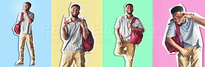 Buy stock photo Collage, series and education with a black man student on different color background for back to school marketing. Advertising, study and learning with a cutout of a male university or college pupil